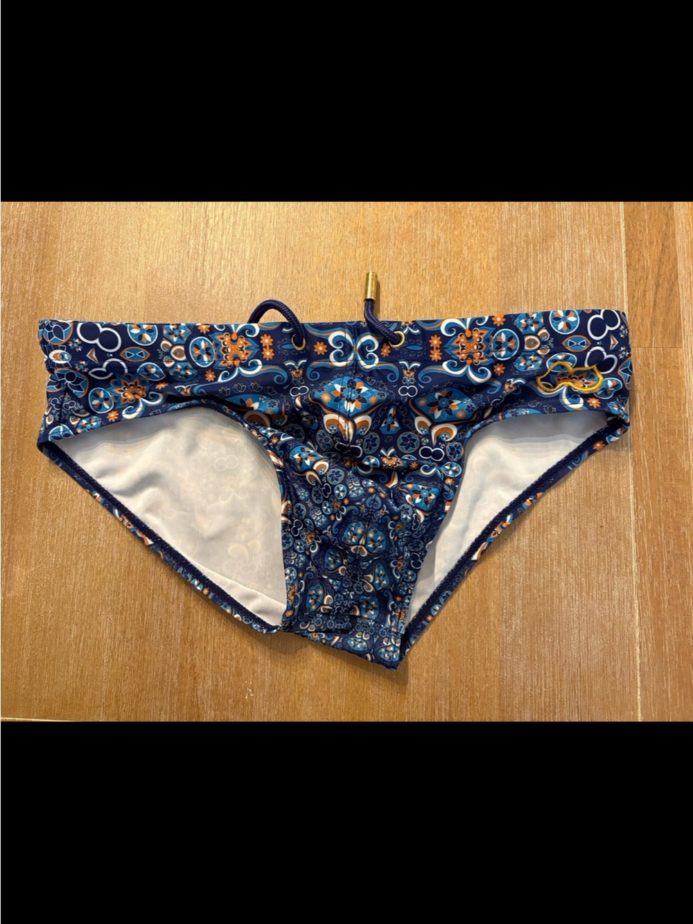 Men's Navy Blue Patterned Swim Briefs with Contrast Accents
